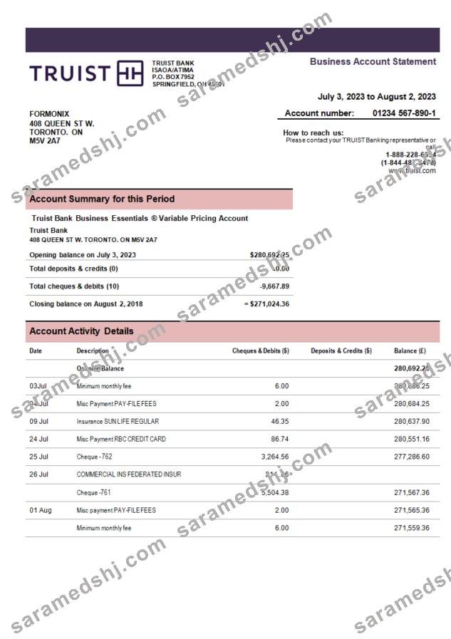 Truist Bank enterprise account statement Word and PDF template